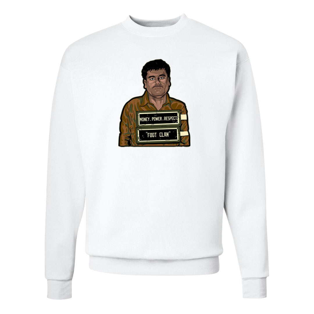 Brown Olive 1s Crewneck Sweatshirt | El Chapo Illustration, White