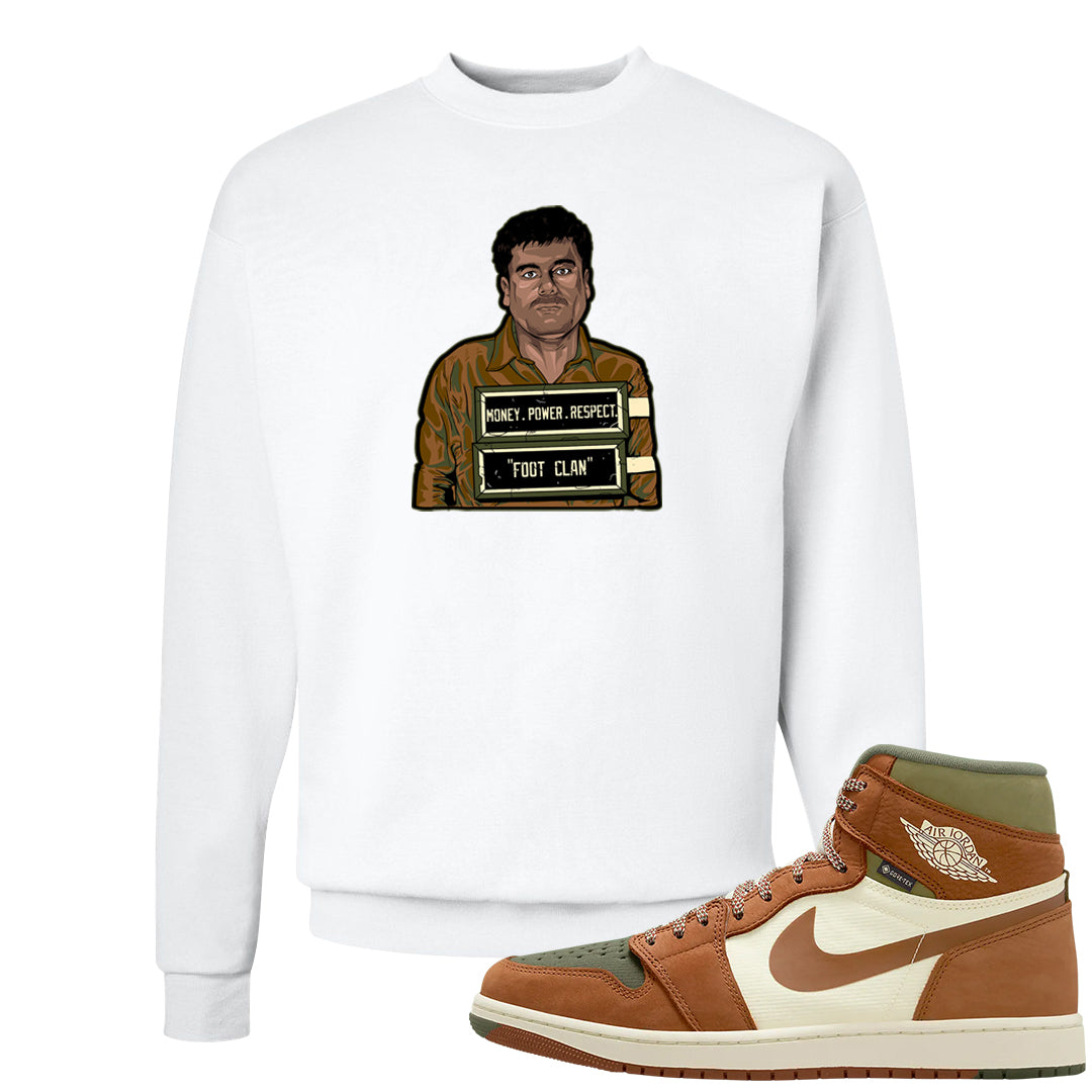 Brown Olive 1s Crewneck Sweatshirt | El Chapo Illustration, White