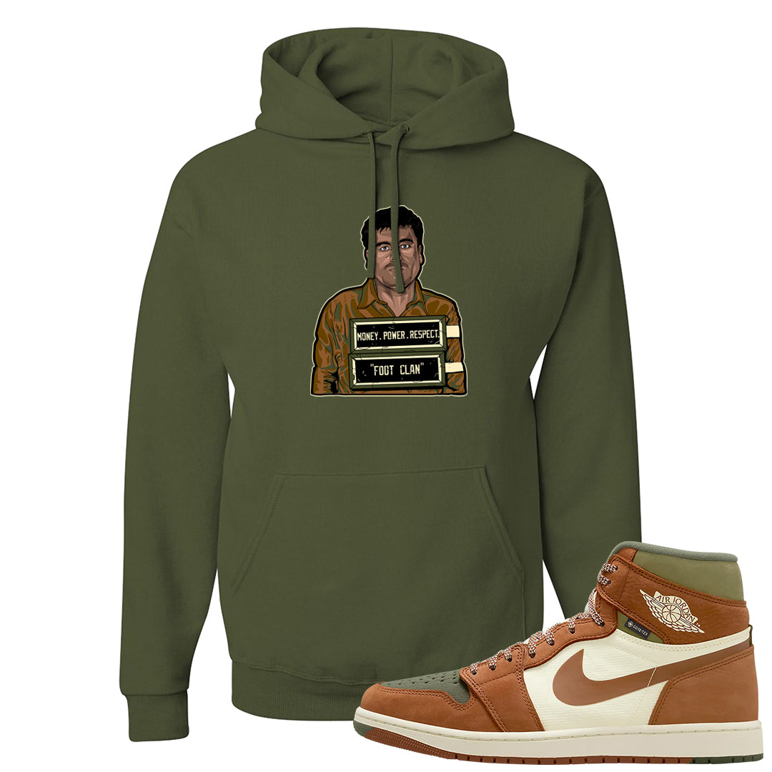 Brown Olive 1s Hoodie | El Chapo Illustration, Military Green