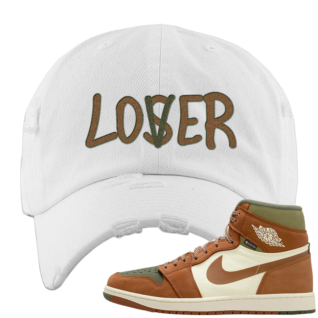 Brown Olive 1s Distressed Dad Hat | Lover, White