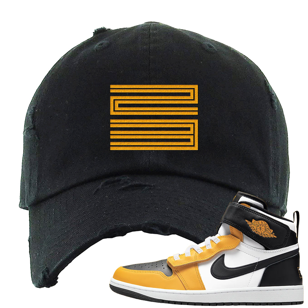 Flyease Yellow Ochre 1s Distressed Dad Hat | Double Line 23, Black
