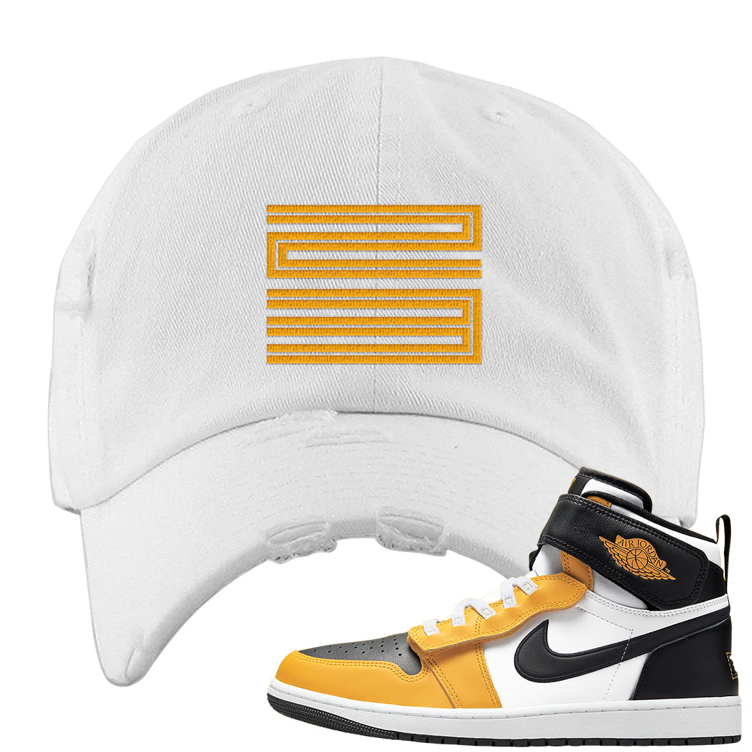 Flyease Yellow Ochre 1s Distressed Dad Hat | Double Line 23, White
