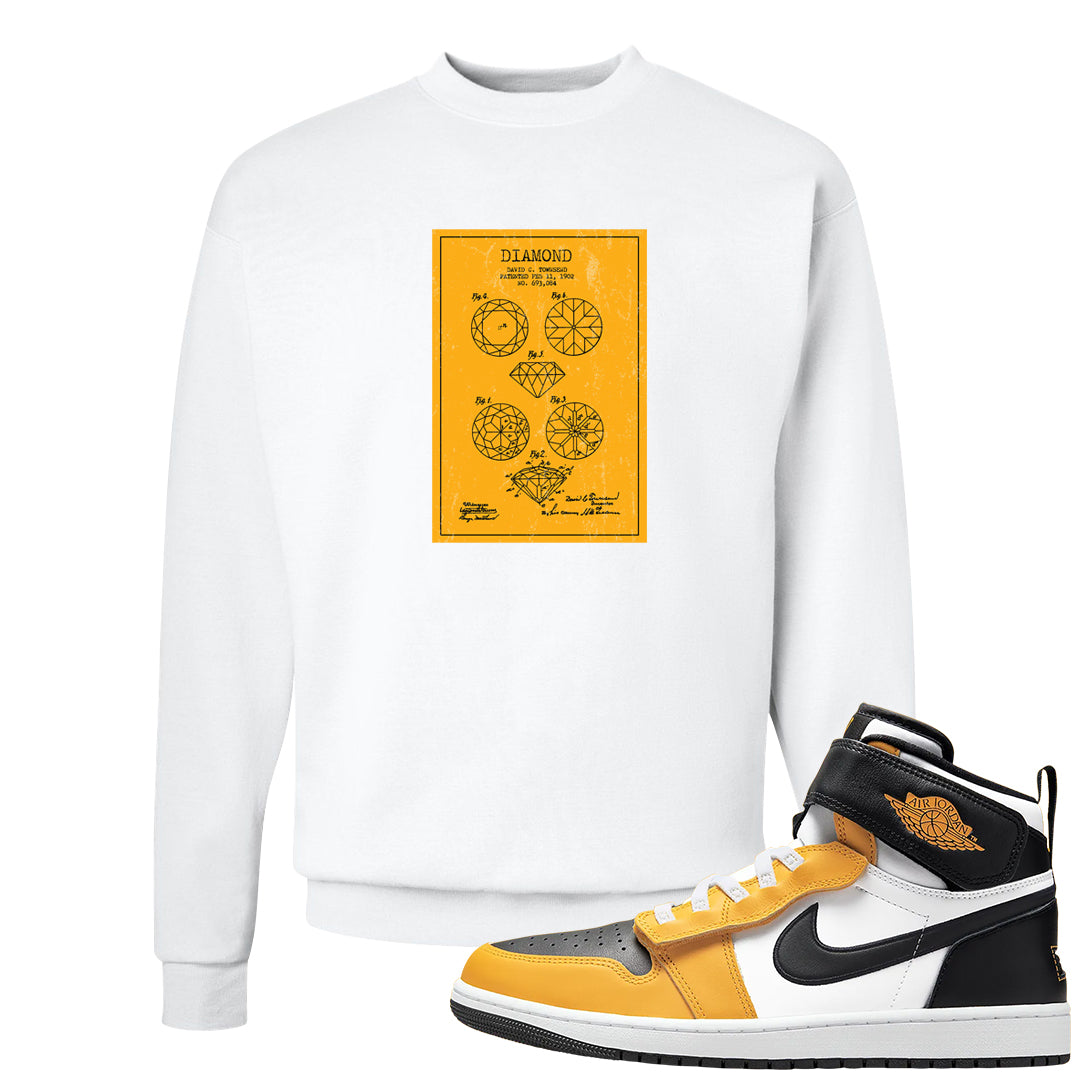 Flyease Yellow Ochre 1s Crewneck Sweatshirt | Diamond Patent Sketch, White