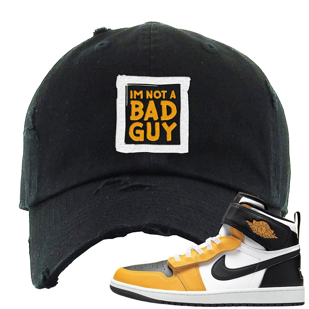 Flyease Yellow Ochre 1s Distressed Dad Hat | I'm Not A Bad Guy, Black