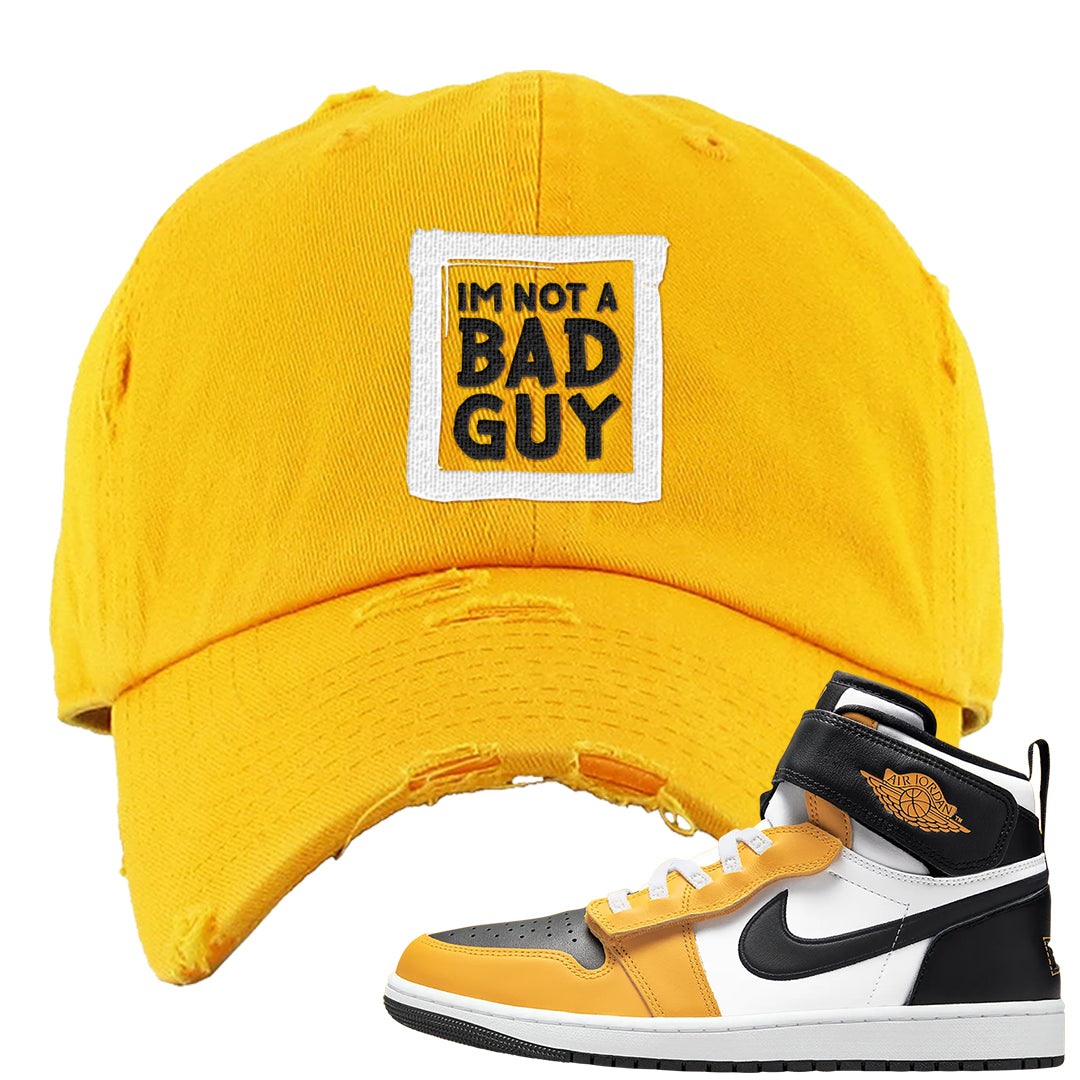 Flyease Yellow Ochre 1s Distressed Dad Hat | I'm Not A Bad Guy, Gold