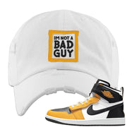 Flyease Yellow Ochre 1s Distressed Dad Hat | I'm Not A Bad Guy, White