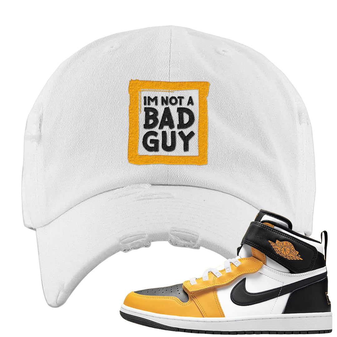 Flyease Yellow Ochre 1s Distressed Dad Hat | I'm Not A Bad Guy, White