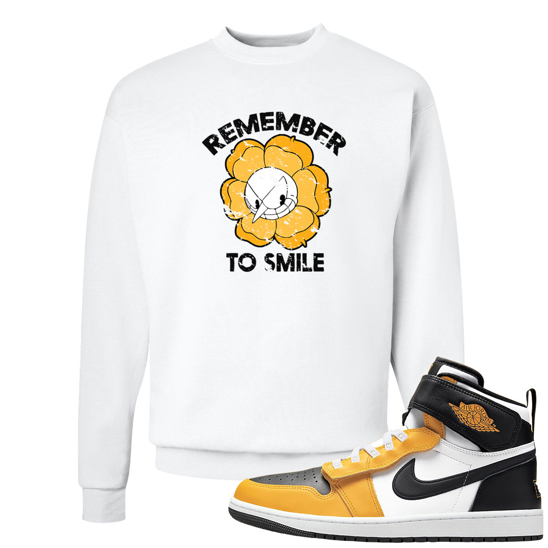 Flyease Yellow Ochre 1s Crewneck Sweatshirt | Remember To Smile, White