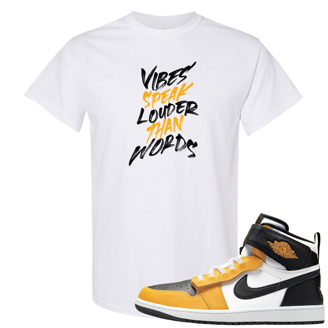 Flyease Yellow Ochre 1s T Shirt | Vibes Speak Louder Than Words, White