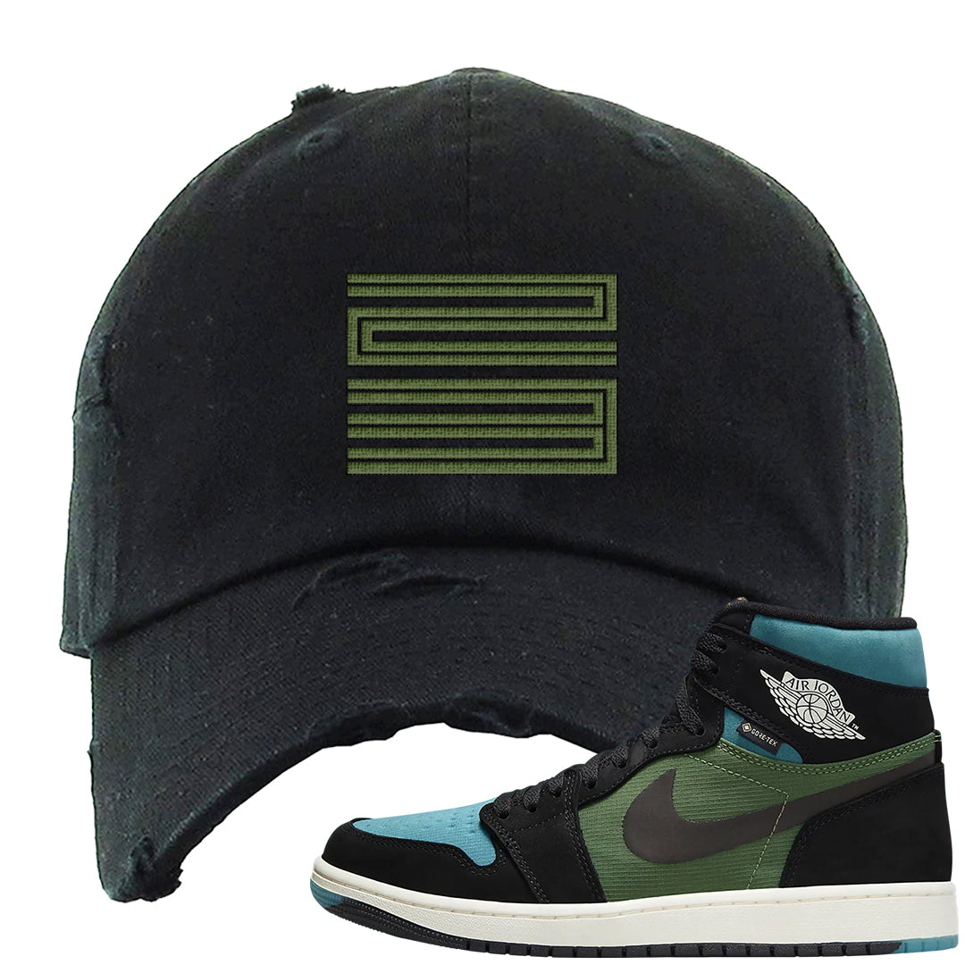 Element Black Olive High 1s Distressed Dad Hat | Double Line 23, Black