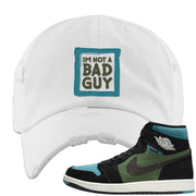 Element Black Olive High 1s Distressed Dad Hat | I'm Not A Bad Guy, White