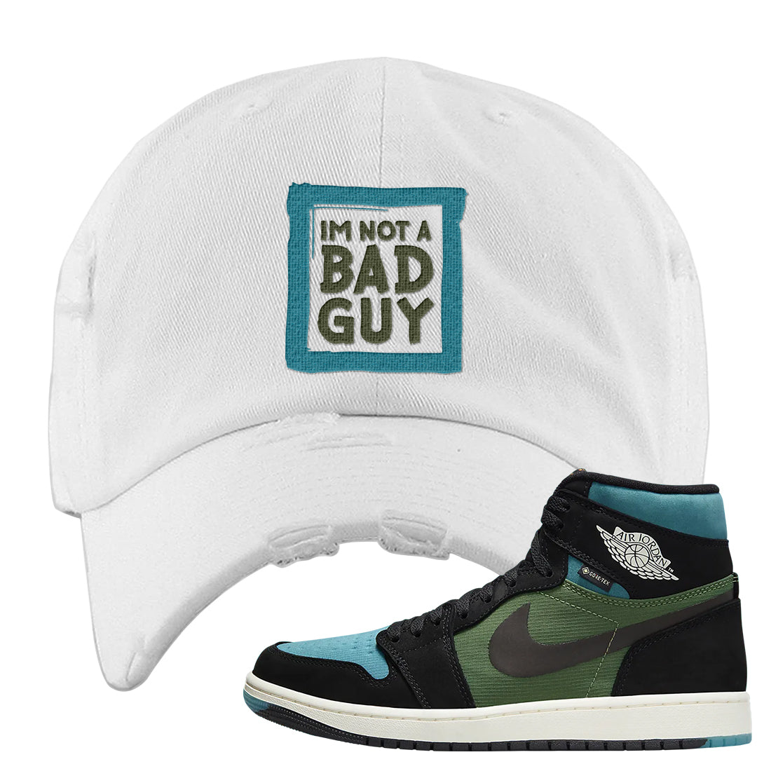 Element Black Olive High 1s Distressed Dad Hat | I'm Not A Bad Guy, White