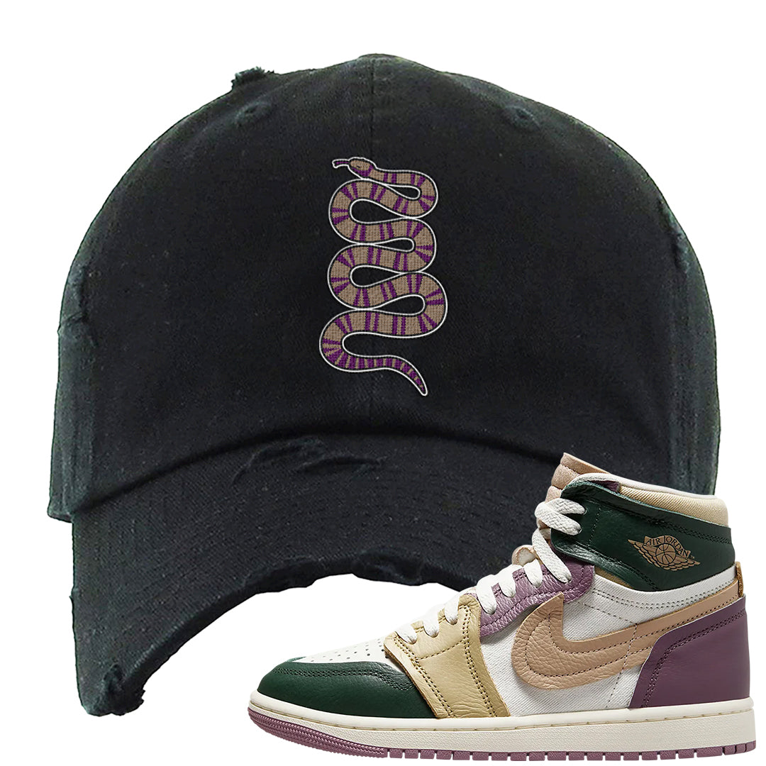 Galactic Jade High 1s Distressed Dad Hat | Coiled Snake, Black