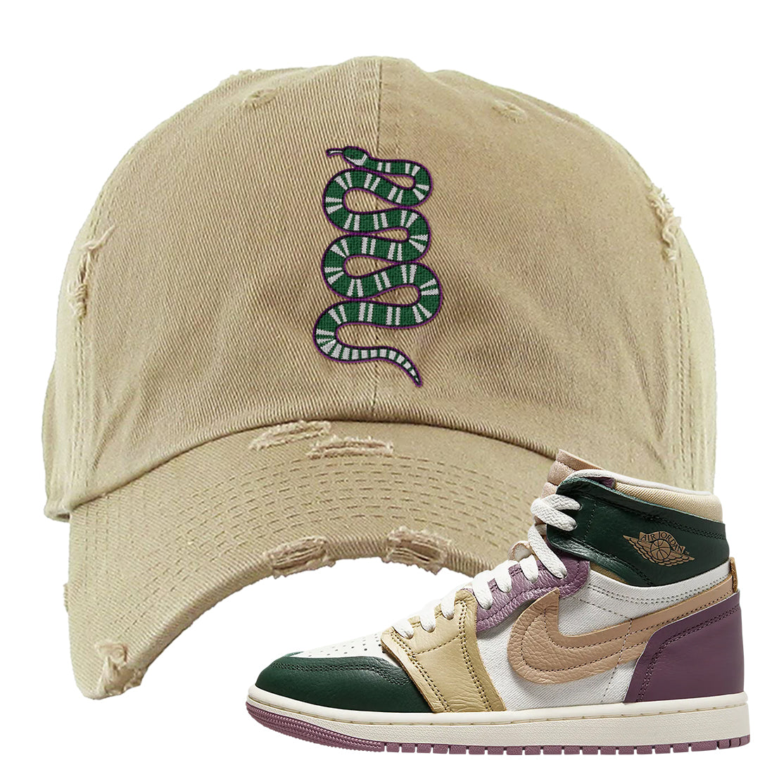 Galactic Jade High 1s Distressed Dad Hat | Coiled Snake, Khaki