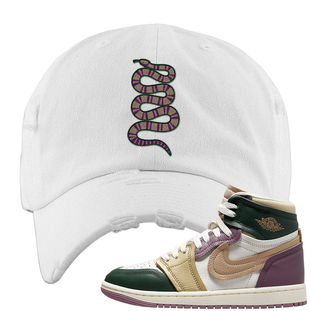Galactic Jade High 1s Distressed Dad Hat | Coiled Snake, White