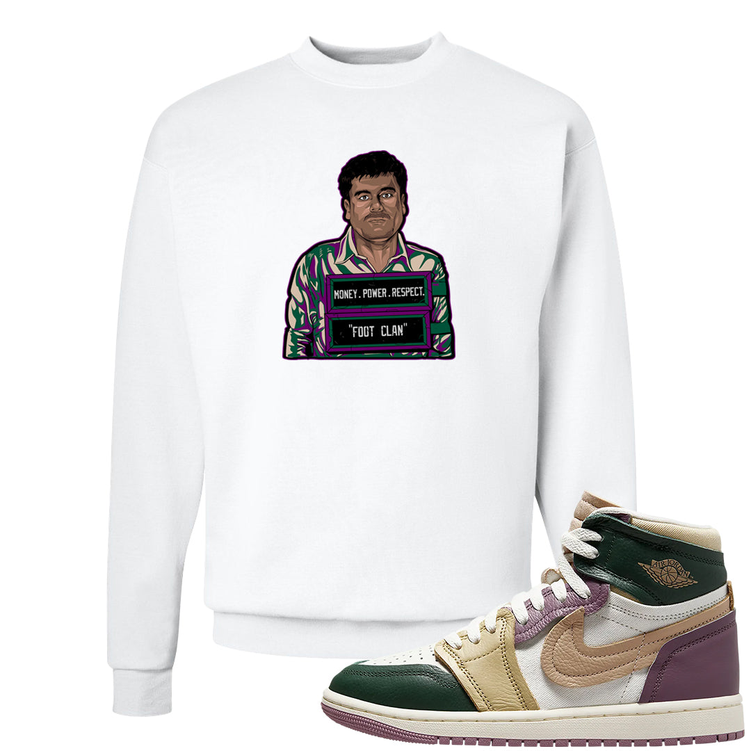 Galactic Jade High 1s Crewneck Sweatshirt | El Chapo Illustration, White