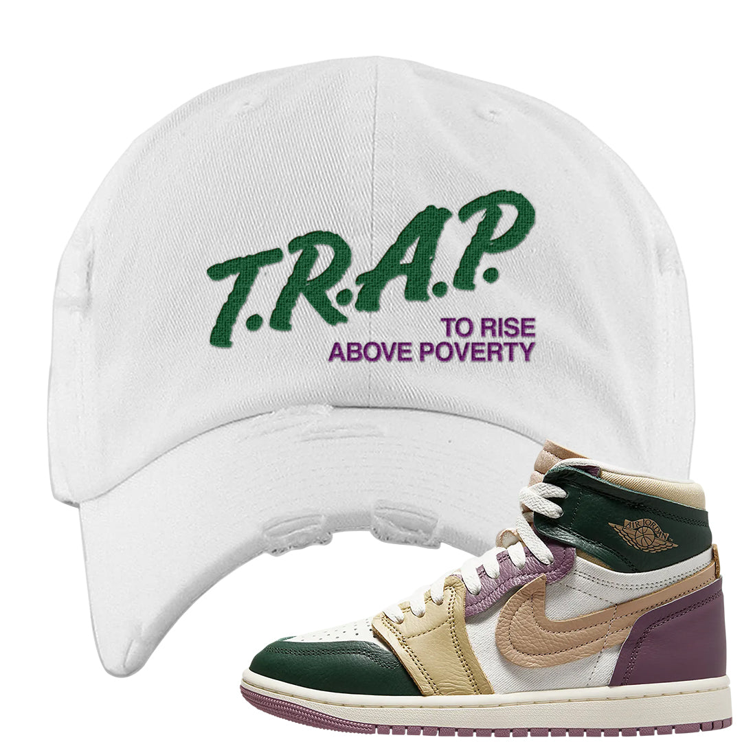 Galactic Jade High 1s Distressed Dad Hat | Trap To Rise Above Poverty, White