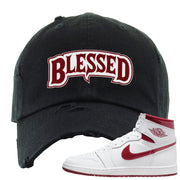 Metallic Burgundy High 1s Distressed Dad Hat | Blessed Arch, Black