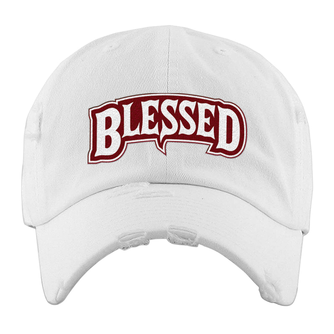 Metallic Burgundy High 1s Distressed Dad Hat | Blessed Arch, White