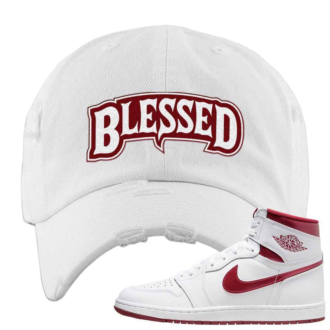 Metallic Burgundy High 1s Distressed Dad Hat | Blessed Arch, White