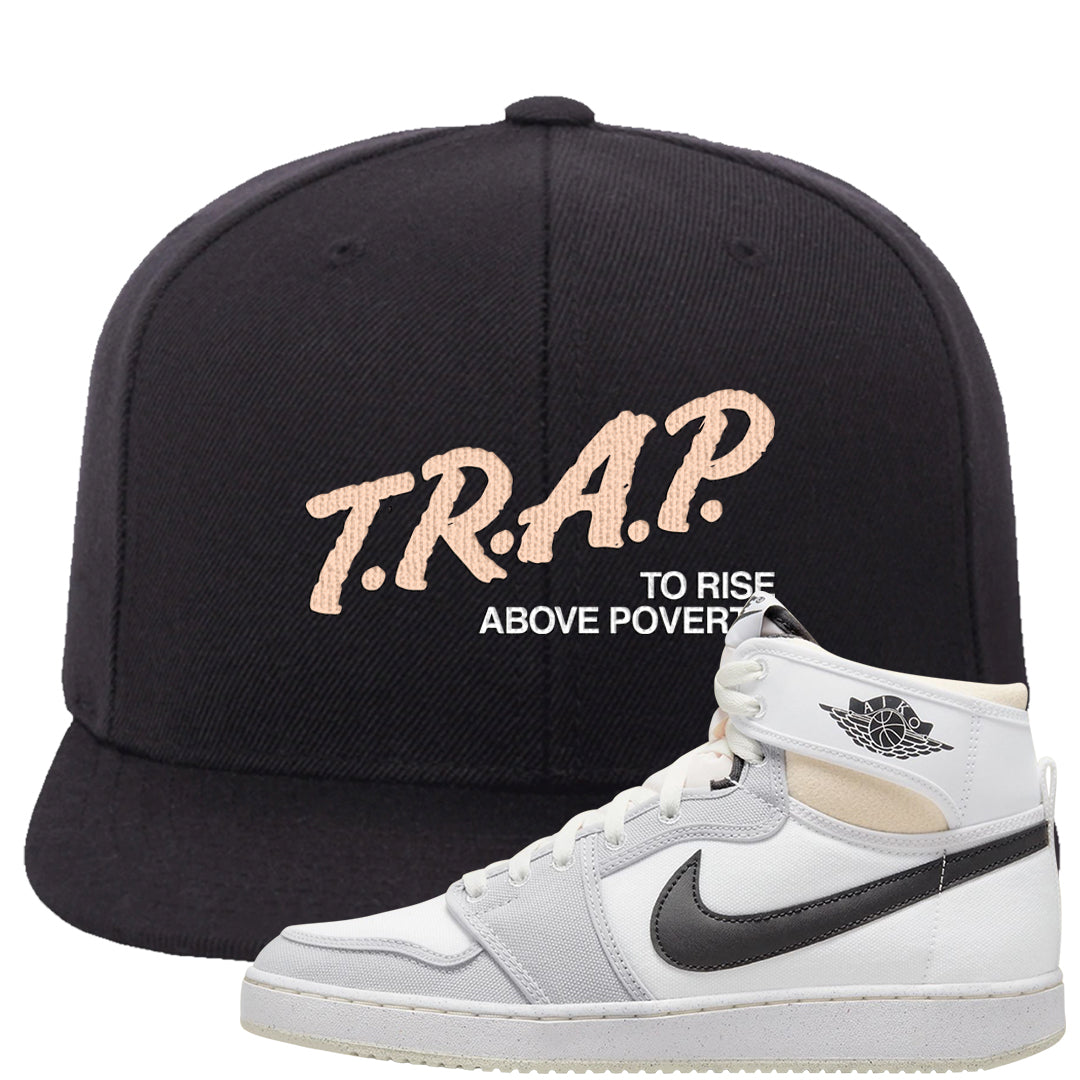 White Grey KO 1s Snapback Hat | Trap To Rise Above Poverty, Black