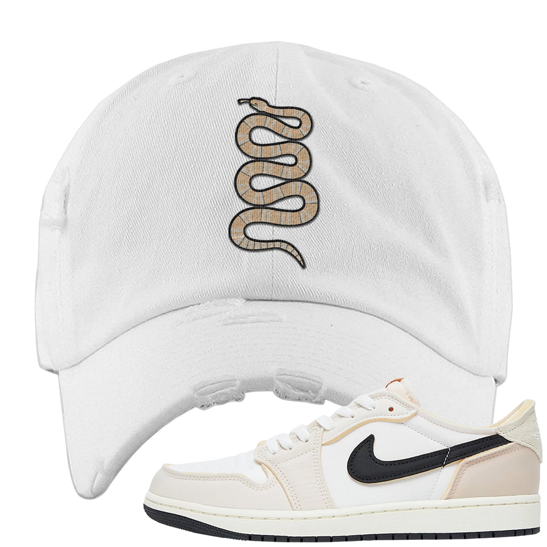 Coconut Milk Low 1s Distressed Dad Hat | Coiled Snake, White