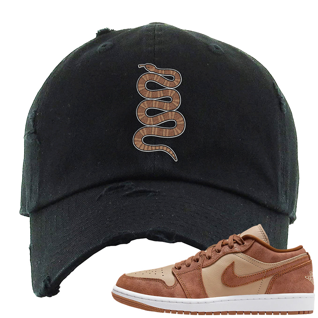 Medium Brown Low 1s Distressed Dad Hat | Coiled Snake, Black