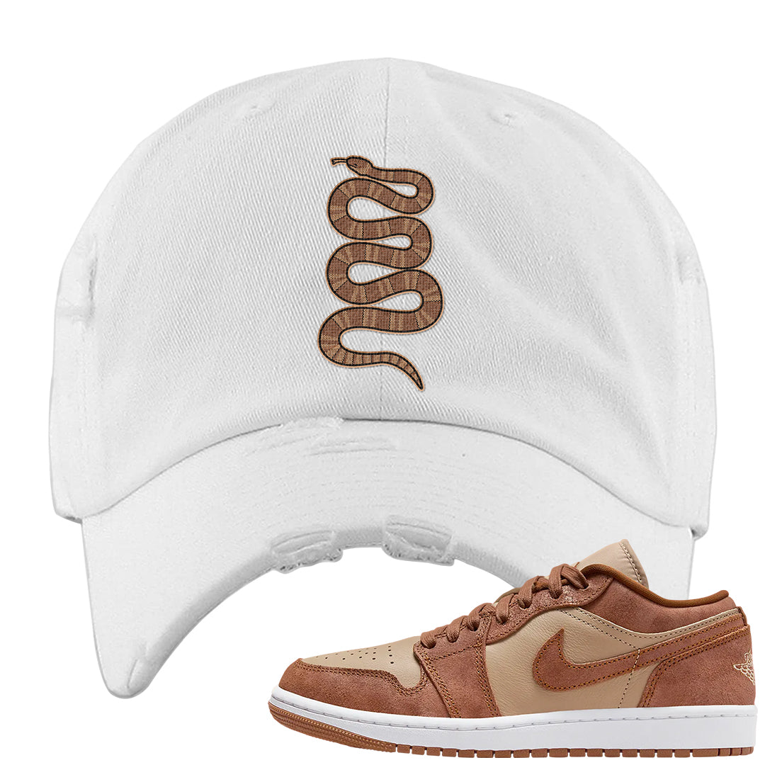Medium Brown Low 1s Distressed Dad Hat | Coiled Snake, White
