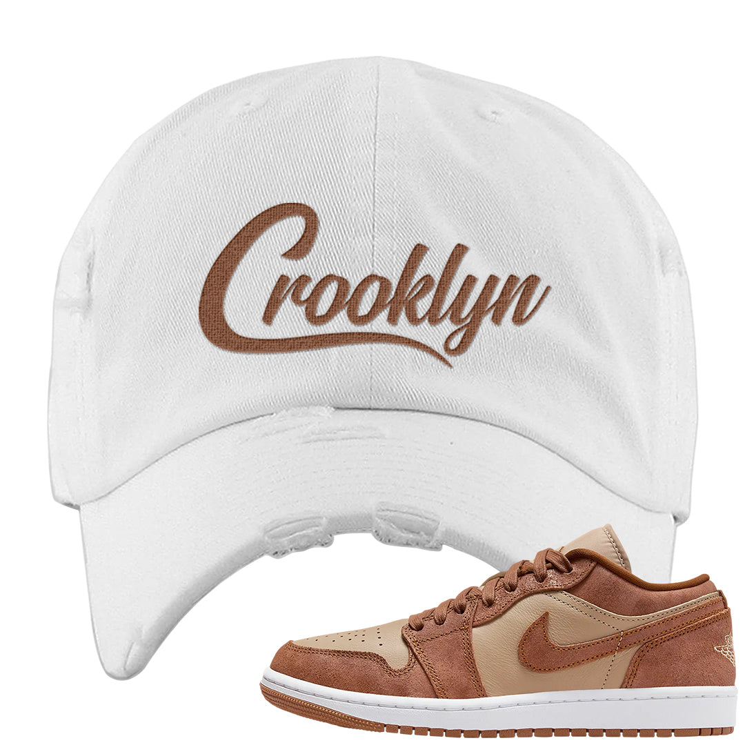 Medium Brown Low 1s Distressed Dad Hat | Crooklyn, White