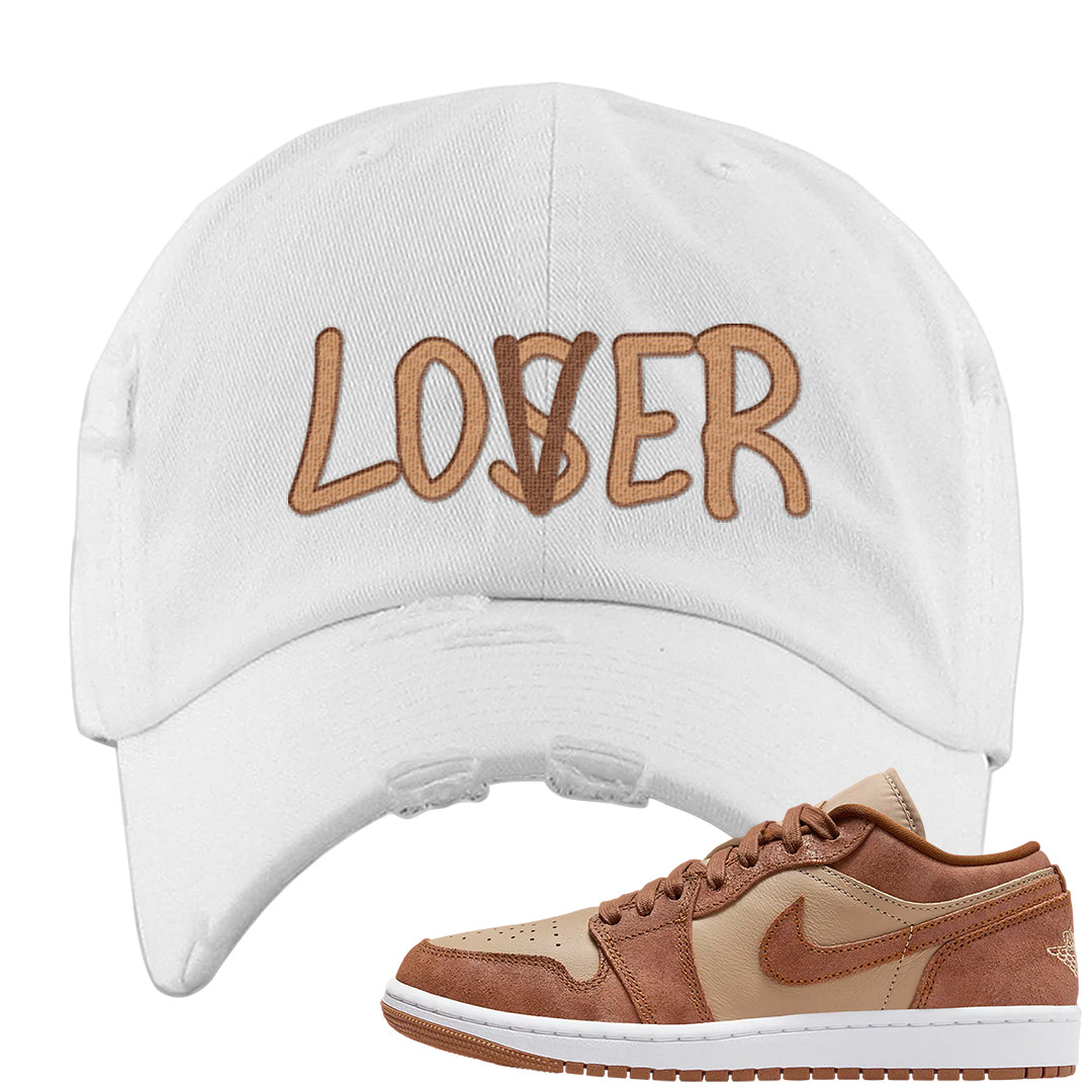 Medium Brown Low 1s Distressed Dad Hat | Lover, White