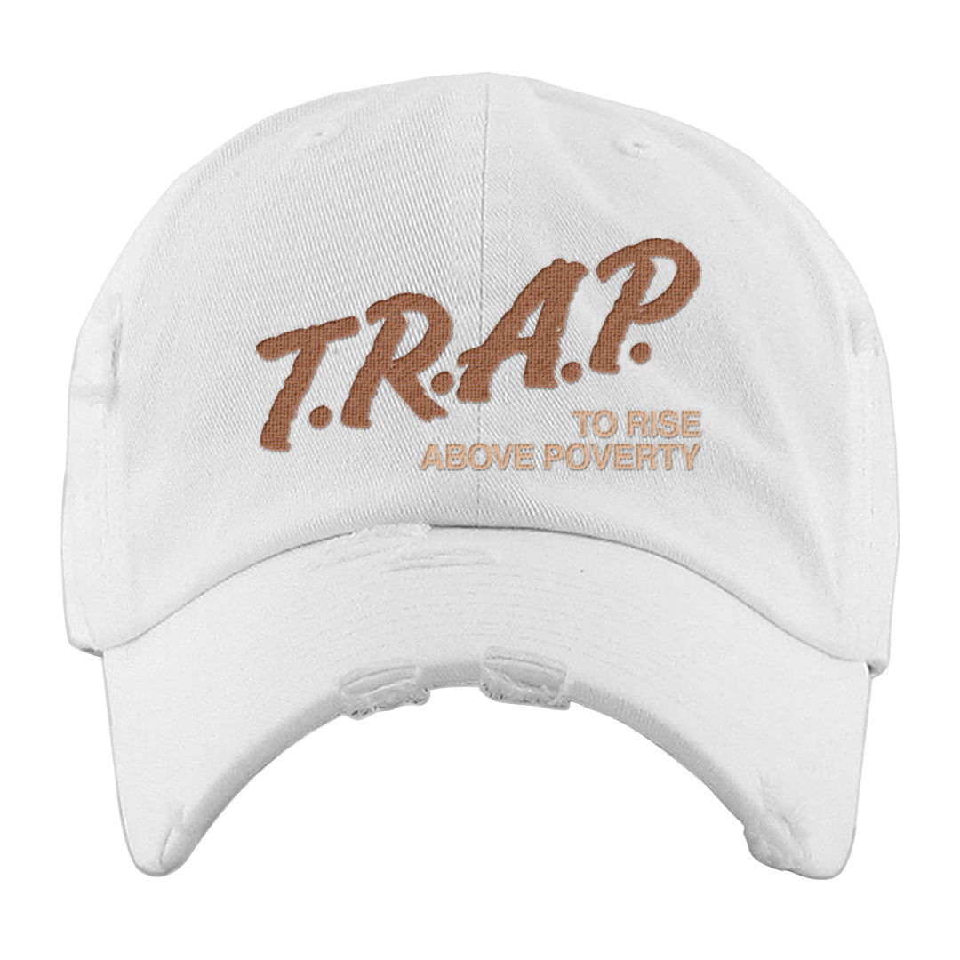 Medium Brown Low 1s Distressed Dad Hat | Trap To Rise Above Poverty, White