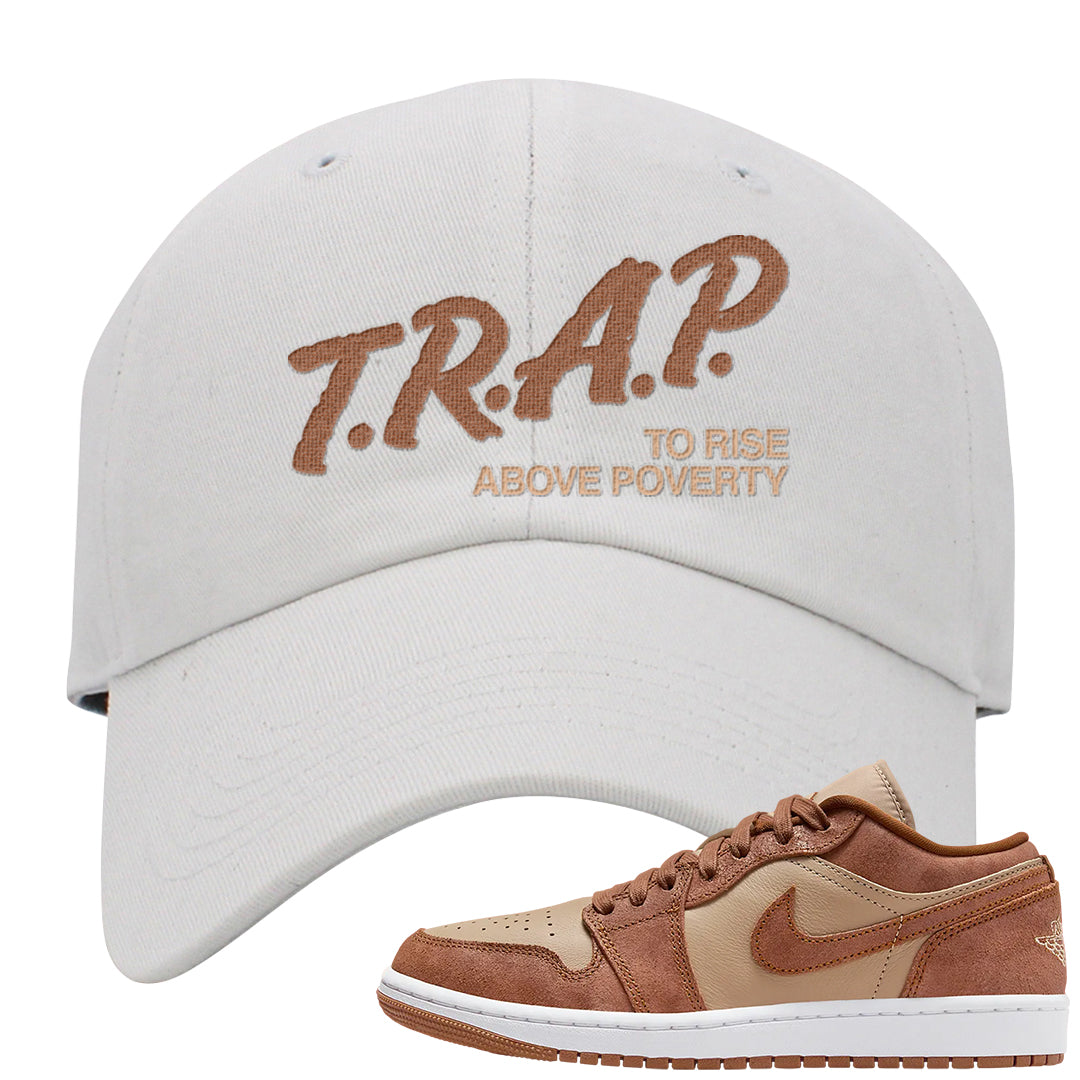 Medium Brown Low 1s Dad Hat | Trap To Rise Above Poverty, White