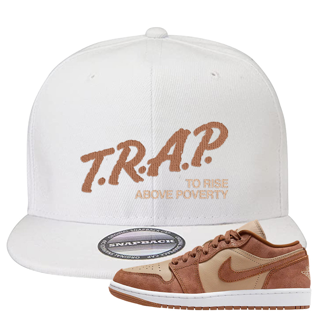 Medium Brown Low 1s Snapback Hat | Trap To Rise Above Poverty, White