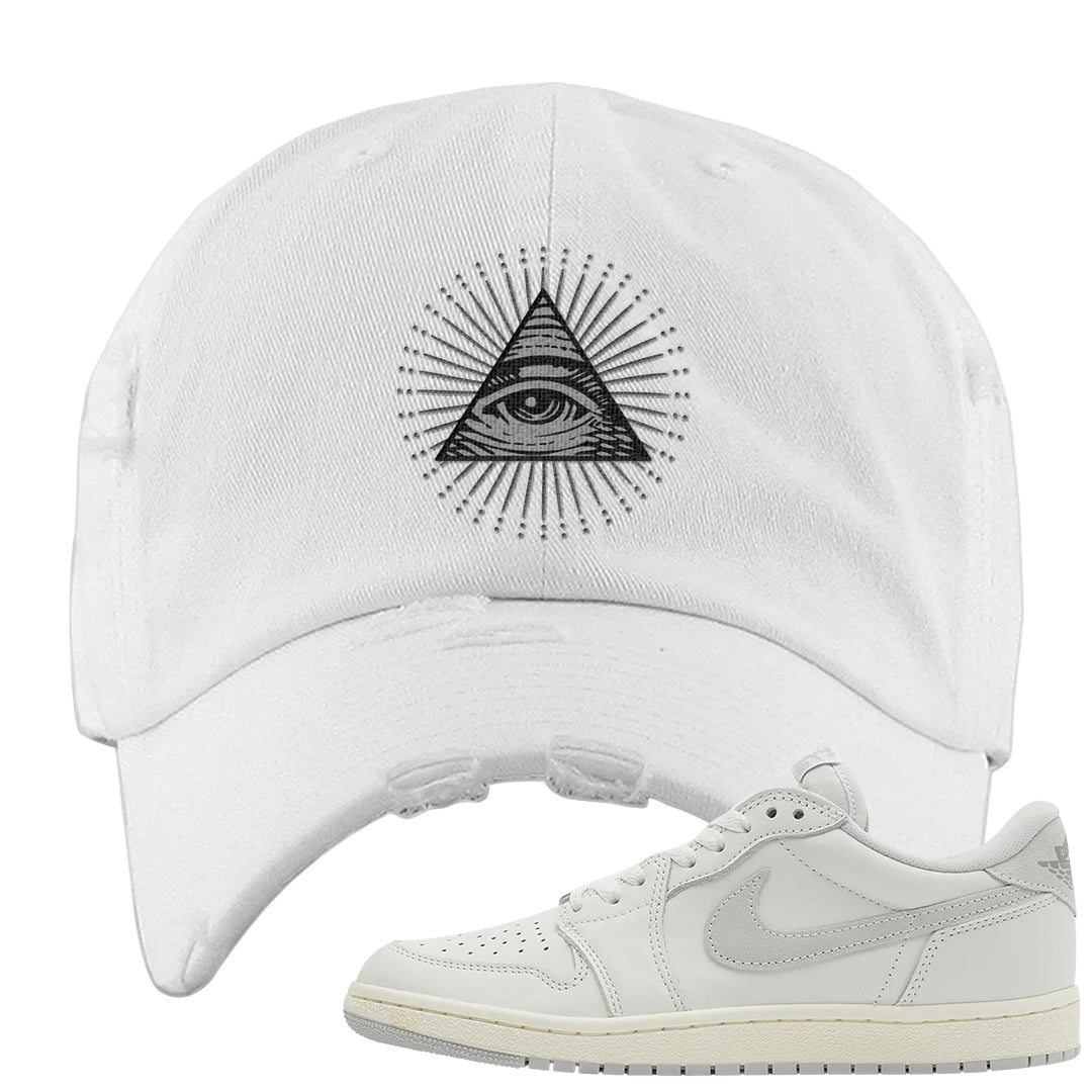 Neutral Grey Low 1s Distressed Dad Hat | All Seeing Eye, White