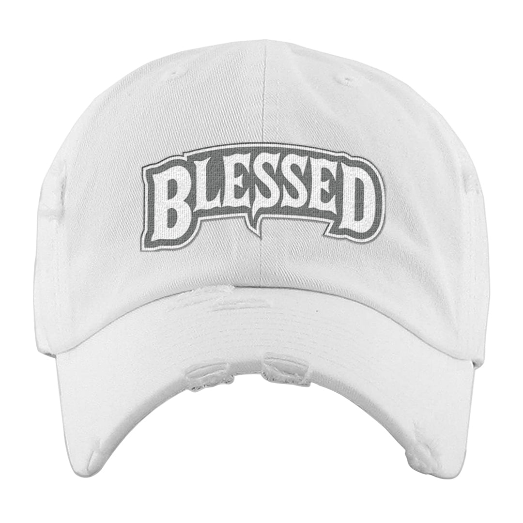 Neutral Grey Low 1s Distressed Dad Hat | Blessed Arch, White