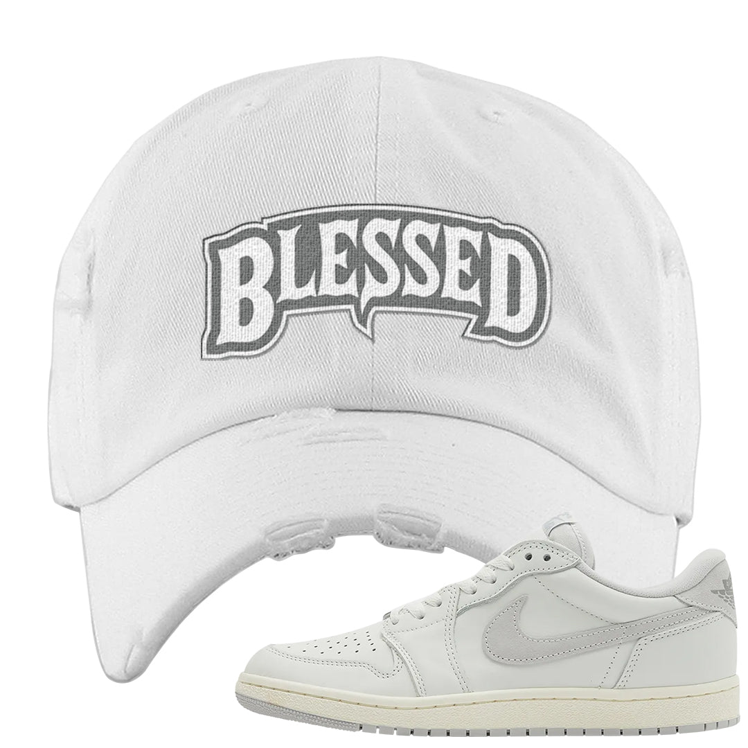 Neutral Grey Low 1s Distressed Dad Hat | Blessed Arch, White