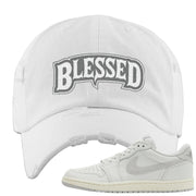 Neutral Grey Low 1s Distressed Dad Hat | Blessed Arch, White