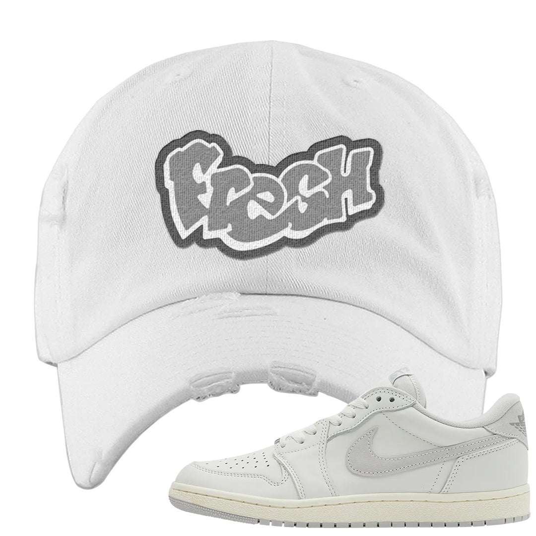 Neutral Grey Low 1s Distressed Dad Hat | Fresh, White