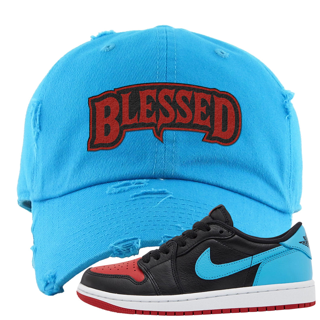 UNC to CHI Low 1s Distressed Dad Hat | Blessed Arch, Aqua