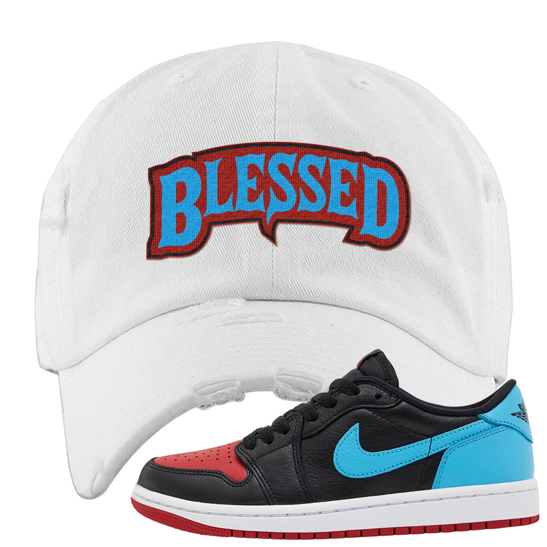 UNC to CHI Low 1s Distressed Dad Hat | Blessed Arch, White