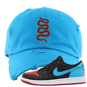 UNC to CHI Low 1s Distressed Dad Hat | Coiled Snake, Aqua