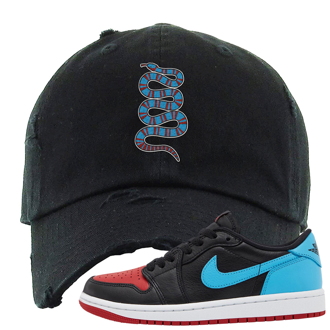 UNC to CHI Low 1s Distressed Dad Hat | Coiled Snake, Black