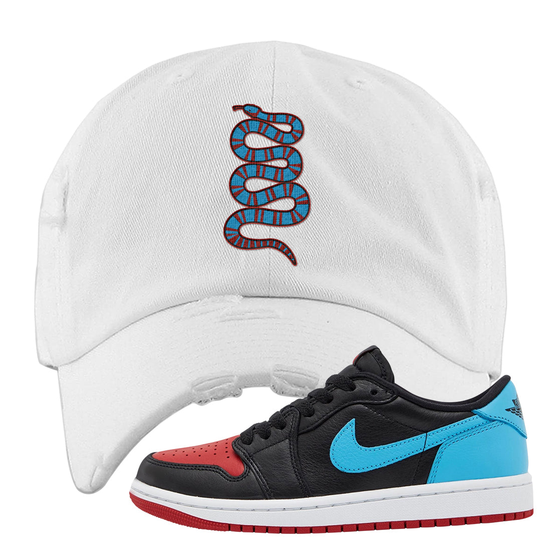 UNC to CHI Low 1s Distressed Dad Hat | Coiled Snake, White