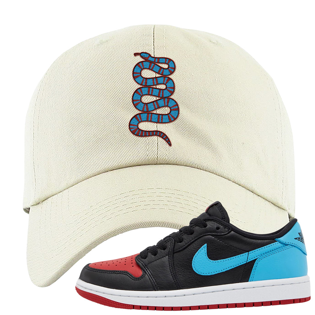 UNC to CHI Low 1s Dad Hat | Coiled Snake, White