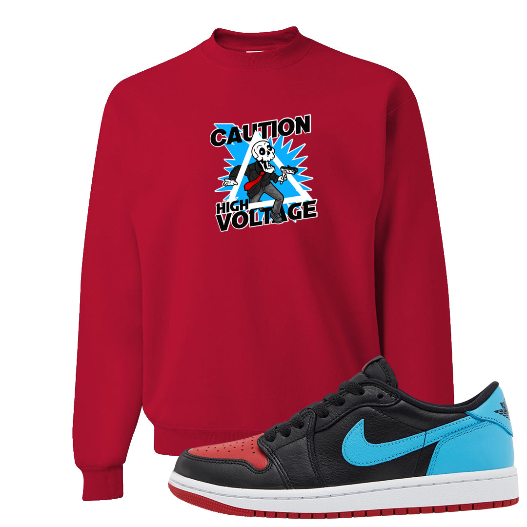 UNC to CHI Low 1s Crewneck Sweatshirt | Caution High Voltage, Red