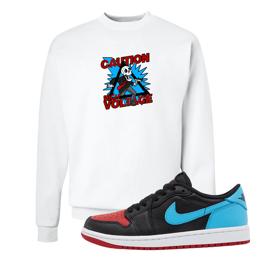 UNC to CHI Low 1s Crewneck Sweatshirt | Caution High Voltage, White