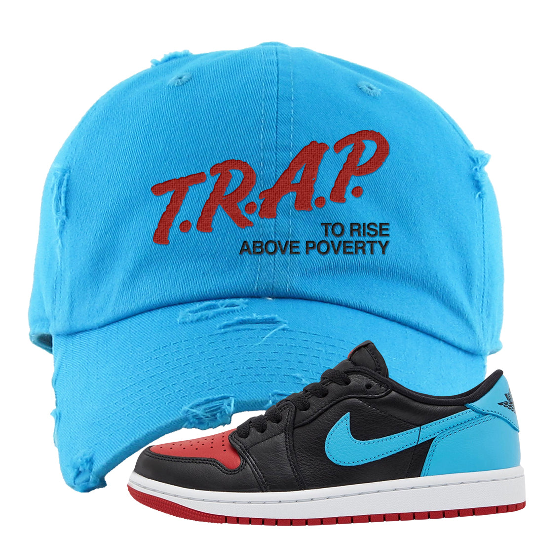 UNC to CHI Low 1s Distressed Dad Hat | Trap To Rise Above Poverty, Aqua