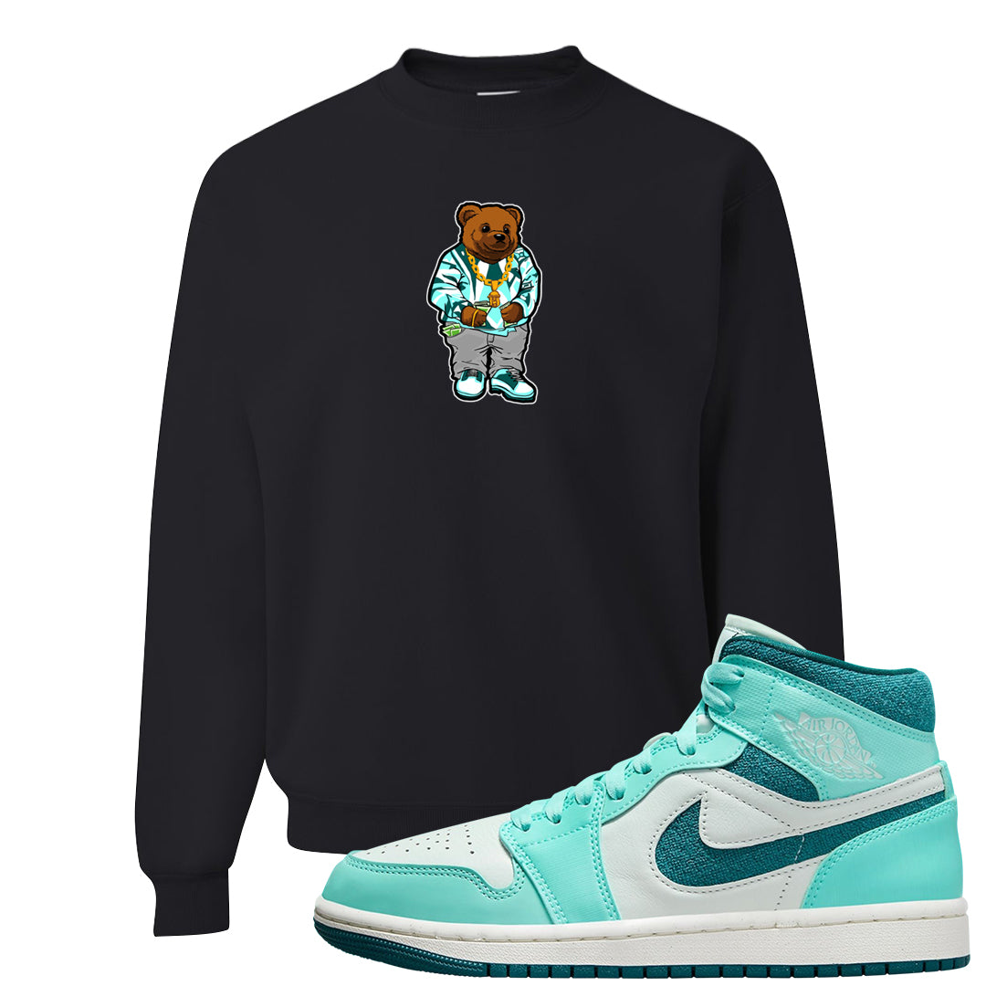 Chenille Teal Aqua Mid 1s Crewneck Sweatshirt | Sweater Bear, Black