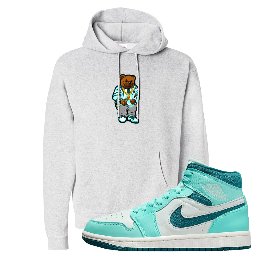 Chenille Teal Aqua Mid 1s Hoodie | Sweater Bear, Ash