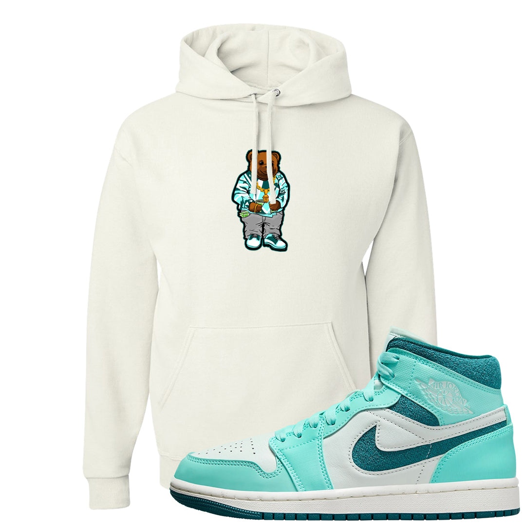 Chenille Teal Aqua Mid 1s Hoodie | Sweater Bear, White